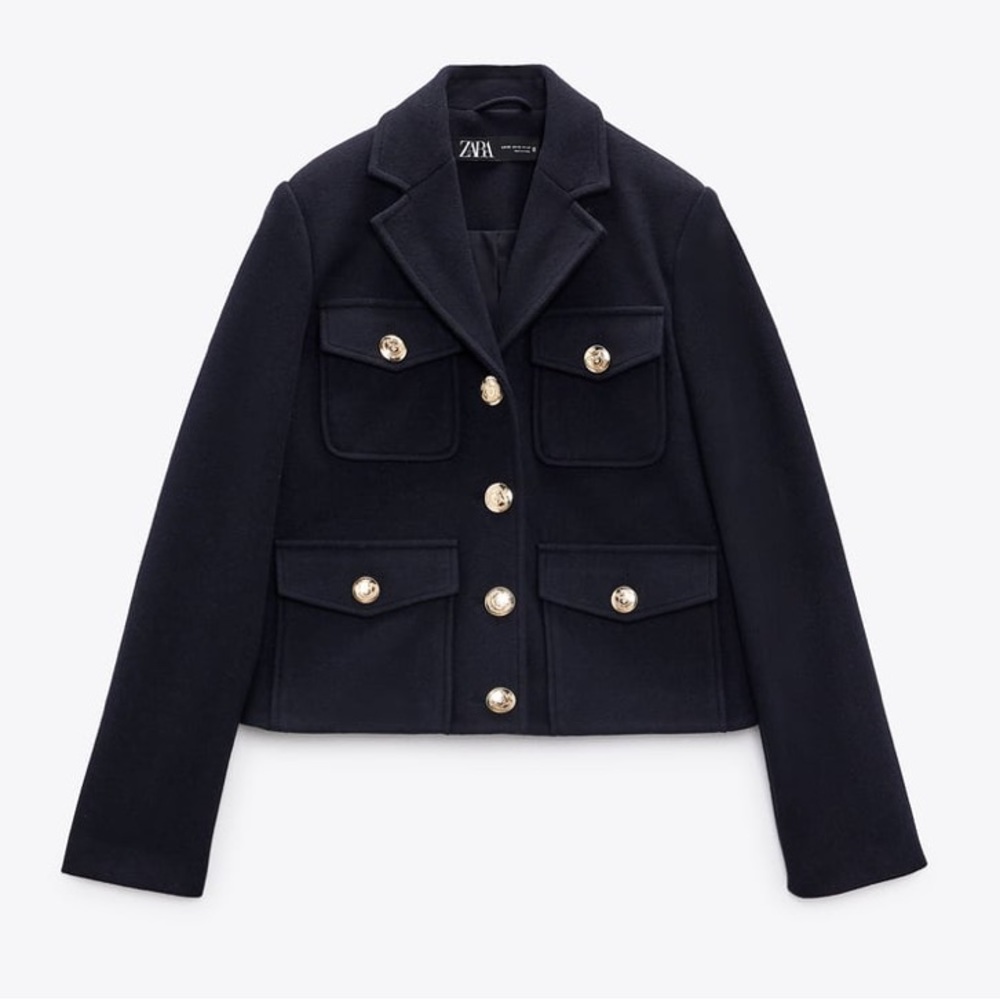 ZARA navy blue cropped gold color button jacket blogger favorite